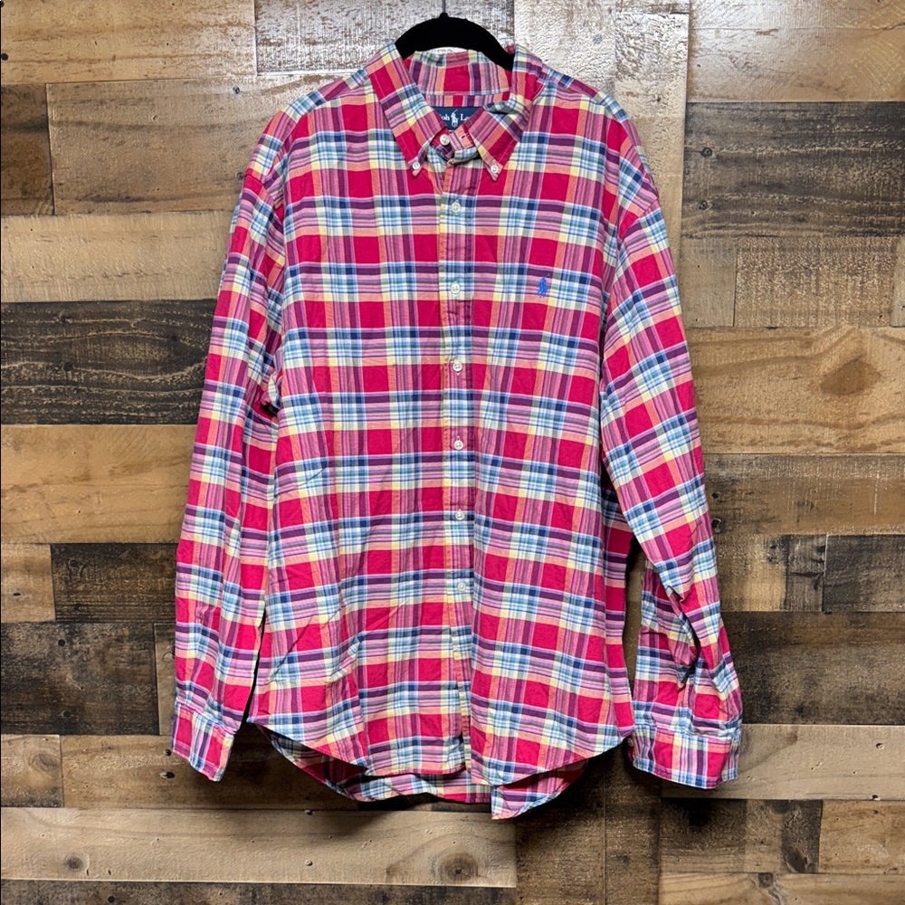 Ralph Lauren Red Plaid Button Down Long Sleeve Shirt Classic Fit‎ Men's Size XXL